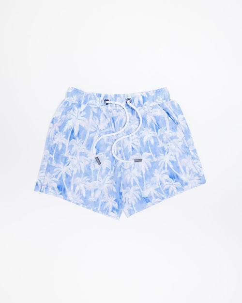 Sharkies Swimwear Maui Palm Swim Shorts featuring a tropical palm leaf pattern in vibrant colors. Stylish and comfortable swimwear perfect for beach and pool activities.