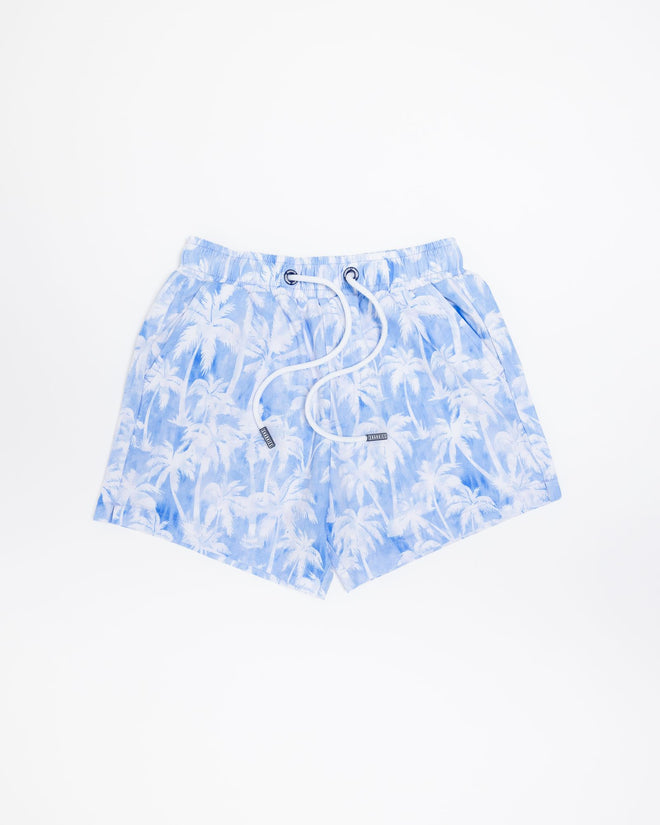 Sharkies Swimwear Maui Palm Swim Shorts featuring a tropical palm leaf pattern in vibrant colors. Stylish and comfortable swimwear perfect for beach and pool activities.