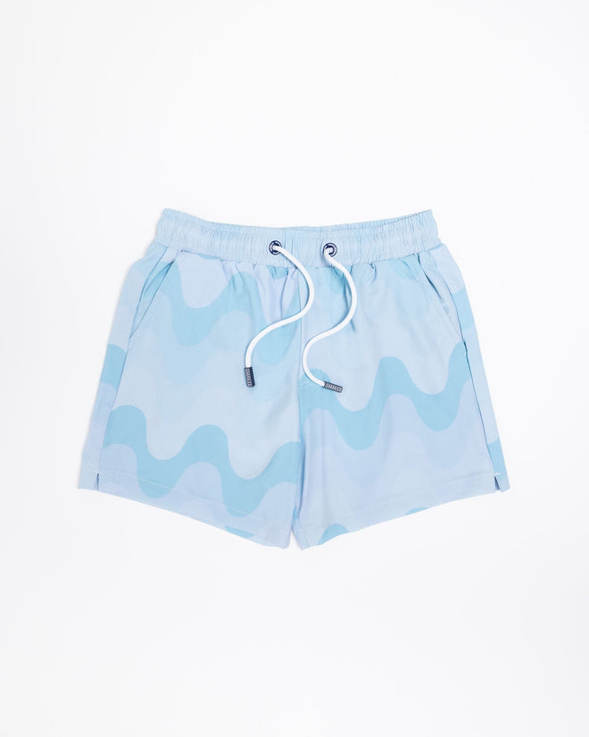 Sharkies Swimwear Mint Wave Swim Shorts featuring a refreshing mint green color with wave pattern. Stylish and comfortable swimwear perfect for a day at the beach or pool.