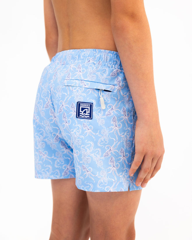 Sharkies Swimwear Octopus Print Swim Shorts featuring a playful octopus design with vibrant colors. Fun and stylish swimwear ideal for beach and pool adventures.