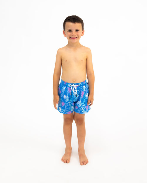Sharkies Swimwear Palm Beach Swim Shorts featuring a vibrant tropical palm print. Ideal for stylish and comfortable wear at the beach or pool.