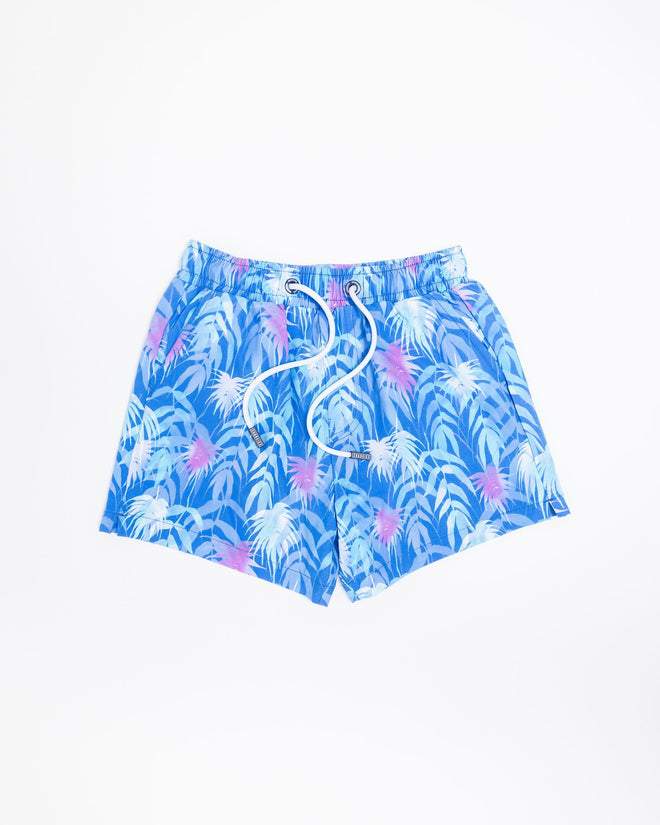 Sharkies Swimwear Palm Beach Swim Shorts featuring a vibrant tropical palm print. Ideal for stylish and comfortable wear at the beach or pool.