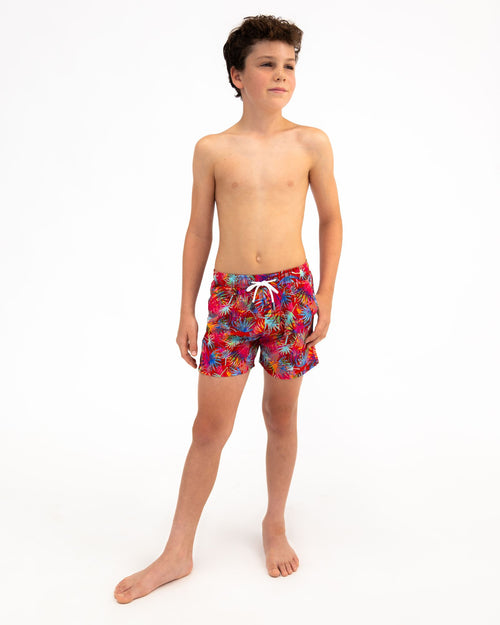 Sharkies Swimwear Tropicana Swim Shorts featuring a vibrant tropical plant pattern with bold colors. Perfect for adding a splash of fun and style to beach and pool outings.