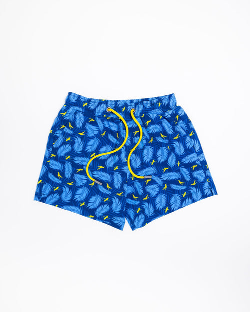 Sharkies Swimwear Boys Swim Shorts featuring a playful feather and stork print. Bright and colorful design ideal for young boys, perfect for swimming and beach outings