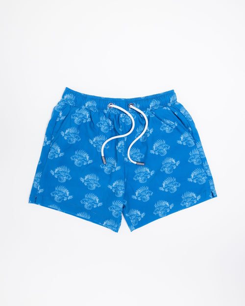 Sharkies Swimwear Boys Swim Shorts featuring a vibrant lion fish print. Colorful and fun design, ideal for active boys at the pool or beach.