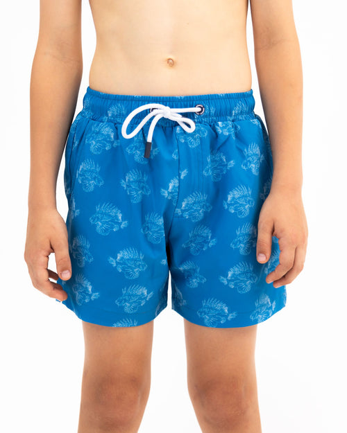 Sharkies Swimwear Boys Swim Shorts featuring a vibrant lion fish print. Colorful and fun design, ideal for active boys at the pool or beach.
