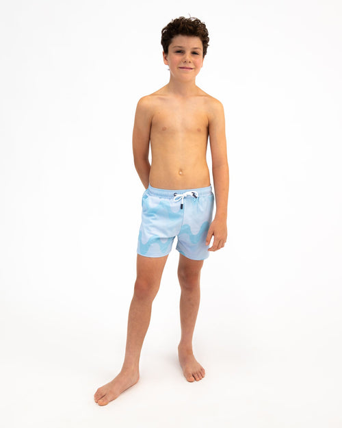 Sharkies Swimwear Mint Wave Swim Shorts featuring a refreshing mint green color with wave pattern. Stylish and comfortable swimwear perfect for a day at the beach or pool.