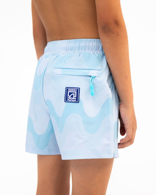 Sharkies Swimwear Mint Wave Swim Shorts featuring a refreshing mint green color with wave pattern. Stylish and comfortable swimwear perfect for a day at the beach or pool.