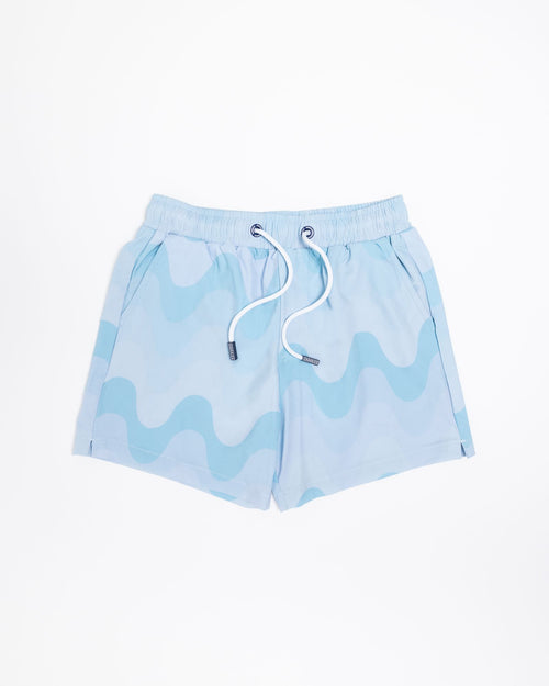 Sharkies Swimwear Mint Wave Swim Shorts featuring a refreshing mint green color with wave pattern. Stylish and comfortable swimwear perfect for a day at the beach or pool.