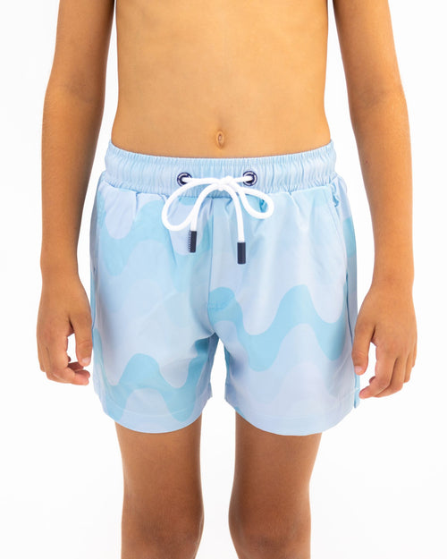 Sharkies Swimwear Mint Wave Swim Shorts featuring a refreshing mint green color with wave pattern. Stylish and comfortable swimwear perfect for a day at the beach or pool.