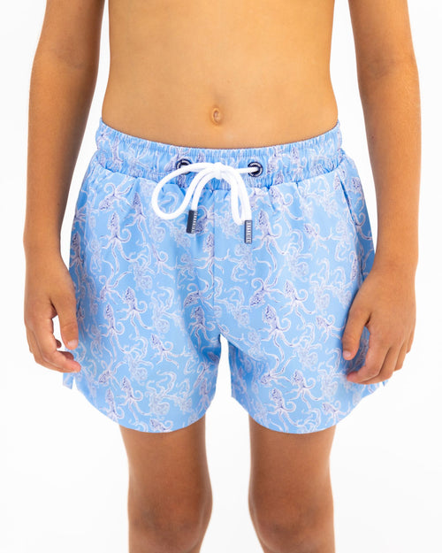 Sharkies Swimwear Octopus Print Swim Shorts featuring a playful octopus design with vibrant colors. Fun and stylish swimwear ideal for beach and pool adventures.