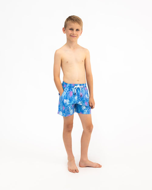 Sharkies Swimwear Palm Beach Swim Shorts featuring a vibrant tropical palm print. Ideal for stylish and comfortable wear at the beach or pool.