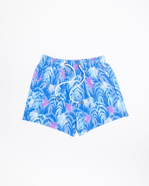 Sharkies Swimwear Palm Beach Swim Shorts featuring a vibrant tropical palm print. Ideal for stylish and comfortable wear at the beach or pool.