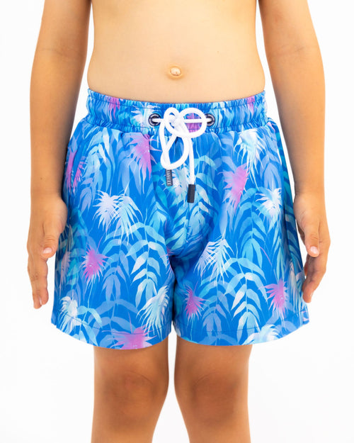 Sharkies Swimwear Palm Beach Swim Shorts featuring a vibrant tropical palm print. Ideal for stylish and comfortable wear at the beach or pool.