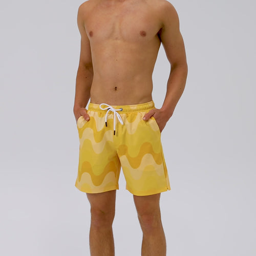 Men Yellow Waves Swim Shorts